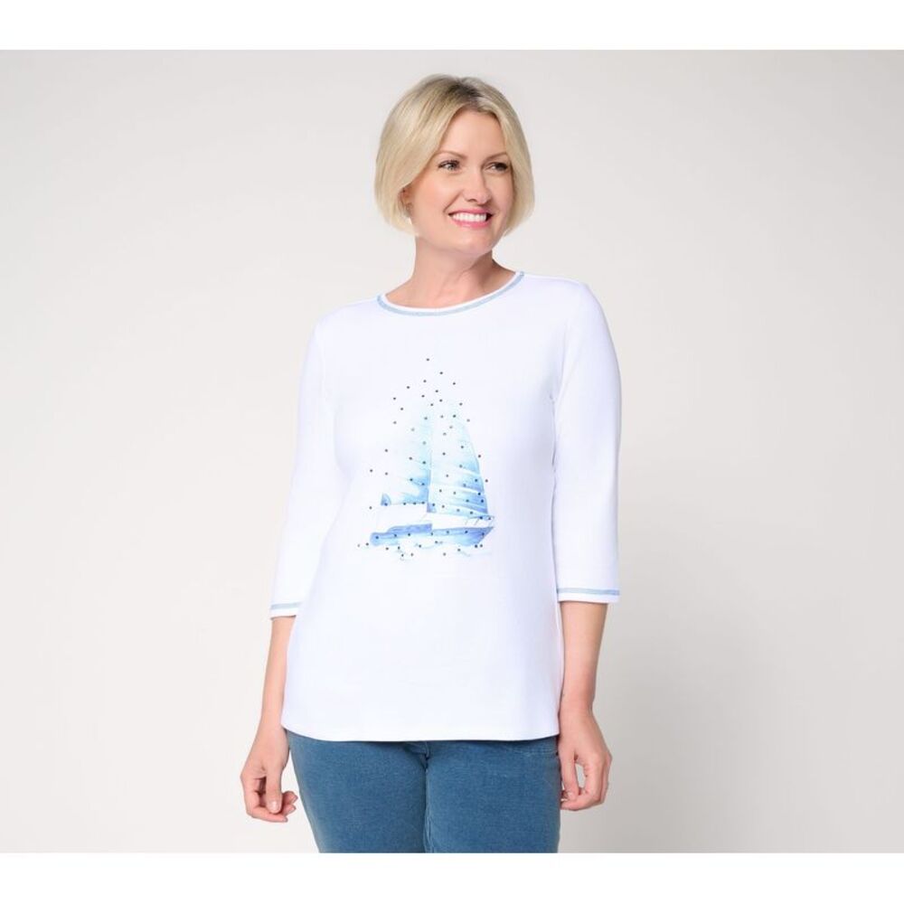 Quacker Factory Women's Top Plus Sz 1X Smooth Sailing Watercolor White